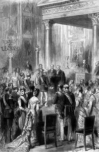 Golden Wedding of German Emperor William I and Impress Augusta: Religious Ceremony in the Chapel of the Imperial Palace in Berlin, June 1879. Engraving in Le Monde Illustré n°1162 of July 5