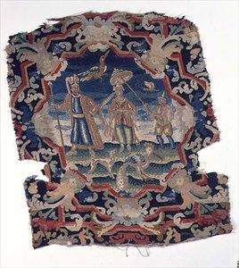 Gros Point and Petit Point Seat Cover of Three Eastern European Figures and Birds, Mid-18th Century (detail) by French School