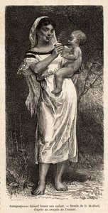 Guaranie woman smoking the cigar to her child, riding on her hip, to try to appease her cries, engraving after D. Maillart
