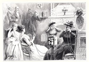 Guests in a Paris hotel listening to direct relays for opera or theatre performances on Marinovitch