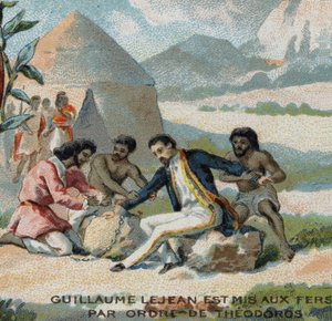 Guillaume Lejean, a French explorer, was put in shackles by order of Emperor Theodoros of Abyssinia. Chromolithography of the 19th century