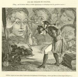 Gulliver displayed on a table to the admiration of the inhabitants of Brobdingnag by French School