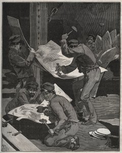 Hammering and assembling pieces of the Statue of Liberty made by Frederic Auguste Bartholdi. Engraving from 1880 in 