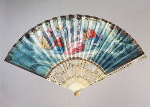 Hand Fan Depicting Dance and Play, Swan Leather with Ivory Guard Stick Inset with Mother of Pearl by French School
