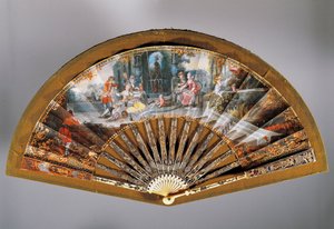 Hand Fan with Open-air Breakfast Scene, Painted Paper Fan, Pierced Ivory Guard Stick and Damascened with Gold and Silver