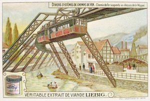 Hanging train on the Wupper river, promotional advertising card for Veritable Extrait de Viande Liebig by French School
