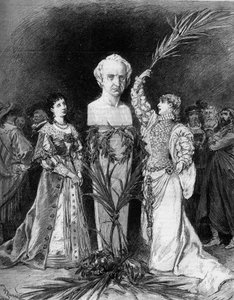 Henriette Rosine Bernard called Sarah Bernhardt (1844-1923) reciting The Battle of Hernani by Francois Coppee, in front of the bust of Victor Hugo (1802-1885) on the occasion of the fiftieth anniversary of the play Hernani. Paris, Comedie Francaise by French School