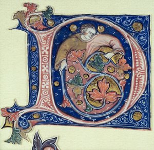 Historiated initial D depicting a man holding a vine by French School