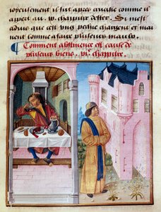 How abstinence is the cause of many goods: on the left a man couple of greediness and drinking with excess and on the right a sober man nourishing virtue and mastering the flesh. Miniature from Le livre de bonnes moeurs de Jacques Legrand by French School