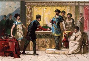 Hugues the Great (897-956) crowns Raoul or Rodolphe of Burgundy (circa 890 - 936), Duke of Burgundy and King of France. Chromolithography of the late 19th century