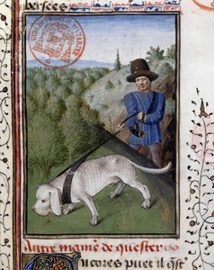 Hunting dog held on a flairing leash, from 