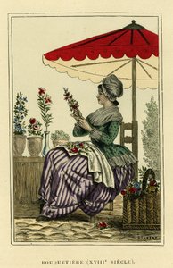 Ibex costume of the 18th century. Colour engraving, in France et les francais a travers les centuries by Augustin Challamel, F.Roy editor, Paris 1882. Selva Collection.