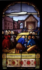 Ignace Le Garrec, vicar priest in Kerlaz during the Revolution, celebrates a last parish mass in a barn in Caouët, January 1793 - stained glass of St Germain church in Kerlaz