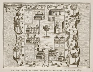 Ile Ste. Croix, the earliest French Settlement in Acadia, 1604, from Voyages by Samuel de Champlain, 1613 by French School