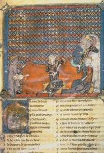 Illuminated page from an Anthology, showing from left to right, Adenet le Roi, a minstrel to Duke Henry; Count Guy of Flanders; Marie, Queen of France and wife of Philip the Bold (1342-1404)