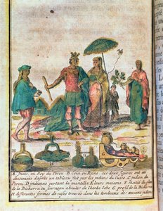 Illustration from a History of Peru Showing an Inca King and Queen with Indian Attendants and a Diagram of a Bicharra by French School