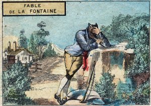 Illustration of the fable by Jean de la Fontaine: The Wolf Became a Shepherd. Epinal imaging of the late 19th century. by French School