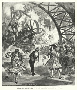 Imagined visit of King Louis XIV and his court to the Pavilion of Machines at the Exposition Universelle in Paris in 1889 by French School