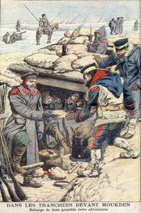In the trenches before Mukden, Russian-Japanese War. Japanese and Russian troops exchanging food and drink. Illustration for Le petit Journal, 22 January 1905