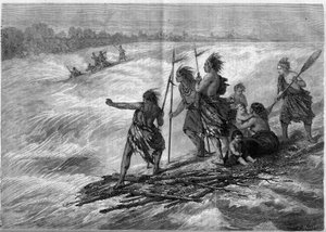 Indians of Canada, standing on tree branches attached together, descending the Long Sault Rapids on the St. Lawrence River by French School
