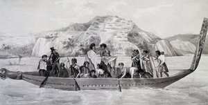 Indigenous New Zealanders on Pirogue with Fortified Village in Background