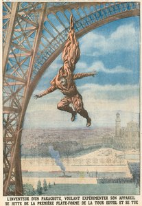Inventor of a parachute jumps from the Eiffel Tower by French School