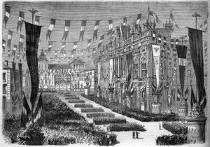 Italian Unification, Turin, 2 April 1860: Decoration of the Castle Square (Piazza Castello) on the Occasion of the Opening of the Italian Parliament. Engraving in 