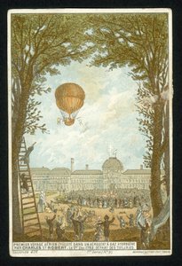 Jacques Charles and Marie-Noel Robert making the first ascent in a hydrogen balloon, Paris, 1 December 1783 by French School
