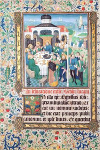 Jesus eating at the house of the tax collector, Zacchaeus and the Entry into Jerusalem, miniatures from the Gospel of Luke