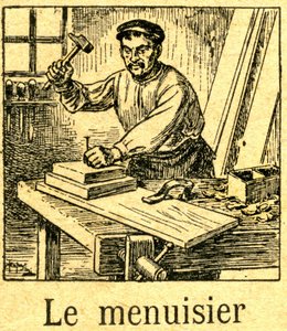 Joiner planting a tip with a hammer in an assembly of boards on his bench (engraving) by French School