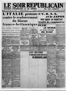Journalism. Press Censorship During the War: White Columns for the Article Entitled The Four Commandments of the Free Journalist. The Headlines: Italy Protests Against the Strengthening of the Franco-British Blockade, the USSR and Japan Will Sign an i by French School