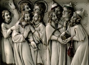 Judas receiving thirty pieces of silver, detail of ivory diptych, French