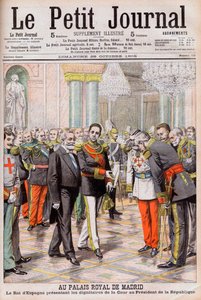 King Alfonso XIII of Spain presenting his court to President Emile Loubet of France at the Royal Palace in Madrid. Illustration for Le Petit Journal by French School