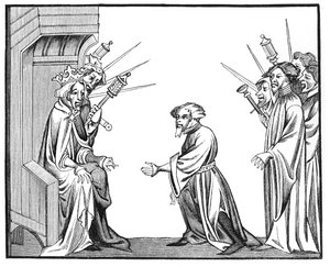 King Charlemagne (742-814) Receiving the Oath of Fidelity and Homage from One of His Feudatories or High Barons, from a Miniature in Cameo of the Chronicles of St. Denis