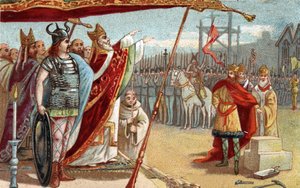 King Dagobert I, Merovingian king of the Franks, lays the first stone of the Basilica of Saint Denis in the presence of Saint Eloi. Chromolithography of the late 19th century.