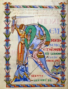 Knight fighting the dragon - lettrine R (initial), Miniature from the manuscript Moralia in Job, Morales sur Job by Saint Gregoire, from the citeau abbey