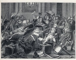 The Terror during the French Revolution: arrest of Maximilian de Robespierre (1758-1794) and his supporters reunited at the Hotel de Ville de Paris on 9 Thermidor year II (27 July 1794). In the center, a gendarme fired a pistol at Robespierre