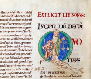 Last judgment christ welcoming job letter Q (lettrine). Miniature from the manuscript Moralia in Job, from citeaux abbey by French School