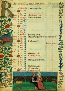 April; Two lovers seated outdoors, by Robinet Testard, from the Hours of Charles of Angouleme by French School