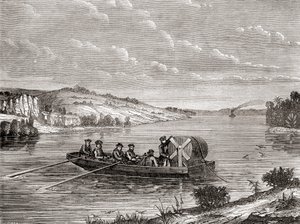 Laying a telegraph cable under an American river c.1860, from Les Merveilles de la Science, published c.1870 (engraving)