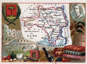 Le Gard (30), Languedoc-Roussillon (Languedoc Roussillon), France - Local speciality: eau de vie (distillation apparatus) and wine - Portrait of Jean-Pierre-Claris de Florian (1755-1794) - Series on the French Departments - Chromolithography by French School