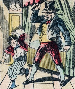 Le Pere Fouettard legendary character of folklore, punishing unwise children with his whip, and enclosing disobedient children, image of Epinal