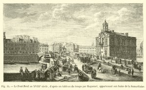 The Pont-Neuf in the 18th century, after a painting of the time by Raguenet, belonging to the baths of the Samaritaine by French School