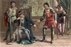 League of Public Good: King Louis XI meets Charles the Bold in Peronne, Duke of Burgundy. Chromolithography around 1890
