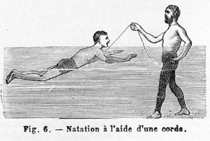 Learning to Swim using a Cord, pub. 1885 engraving, 1885 by French School
