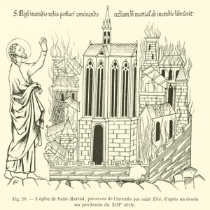 The Church of Saint-Martial, Saved from the Fire by Saint Eloi, after a Drawing on Parchment from the 13th Century by French School