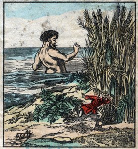 Lemuel Gulliver Hides from a Giant in Brobdingnag. Illustration for 