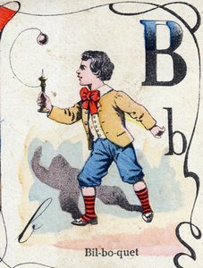 Letter B: Bilboquet. Engraving in "ABC des joux pour petits boys". Late 19th century by French School