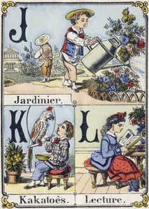 Letter J, K and L: Gardener, Kakatoes and Reading. Recreative Alphabet. Epinal Imaging, circa 1880 by French School