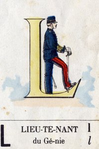 Letter L as lieutenant. Military alphabet. Imaging of Epinal, circa 1870-1880. Stencil-coloured woodcuts by French School